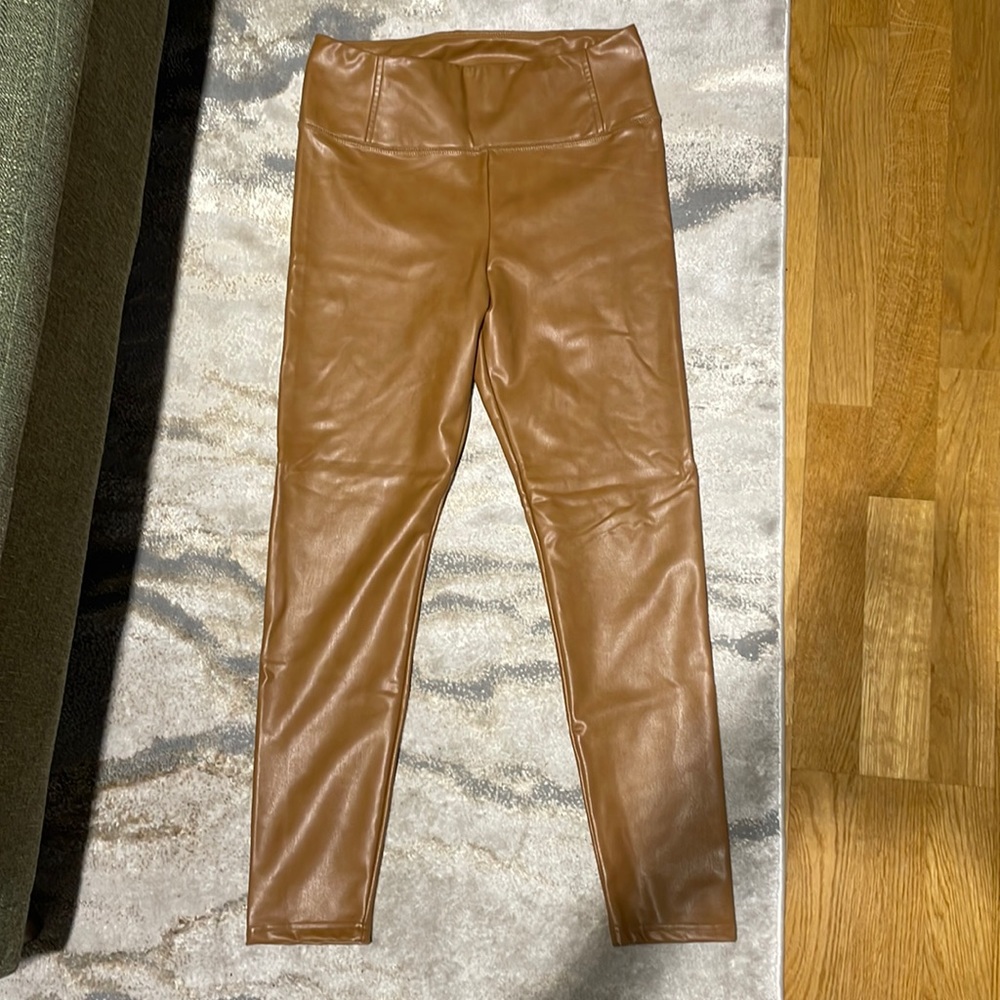 Tan faux-leather leggings with warm polyester interior